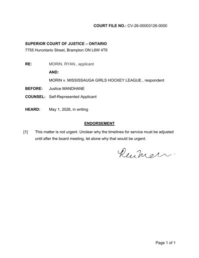 Endorsement — Endorsement of Justice Mandhane — May 1, 2026